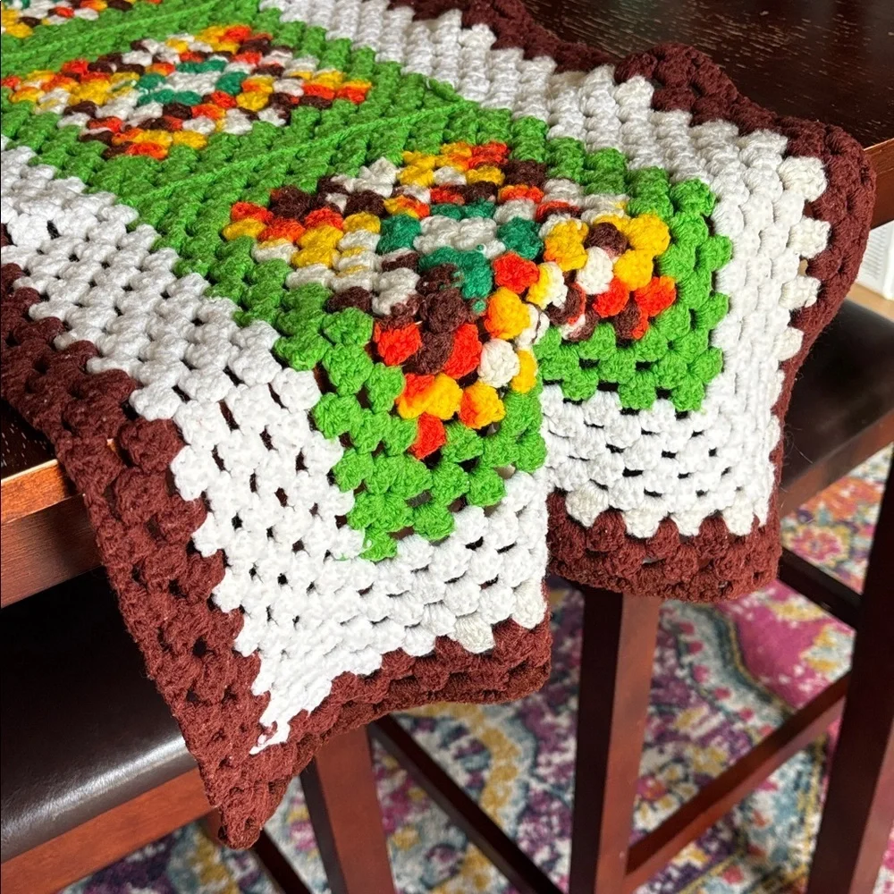 Vintage Handmade Orange/Yellow/Brown/Green 1970s Crochet Short Table Runner